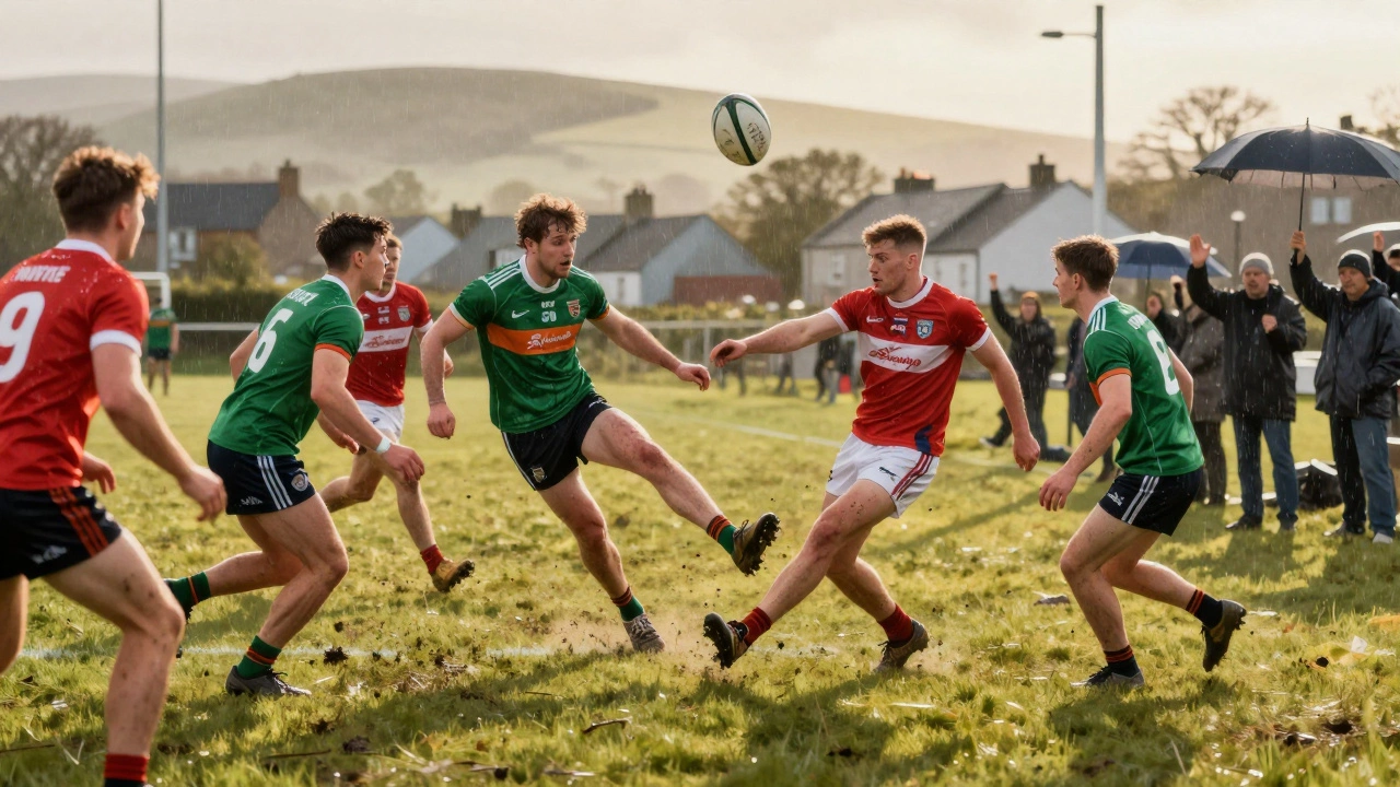 Gaelic footballers playing on a muddy pitch in Cork under drizzle, spectators watching.