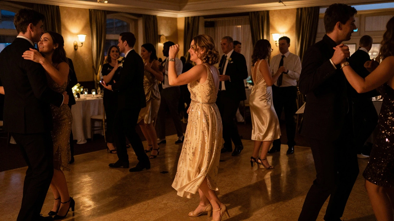 Guests dancing in cocktail dresses at evening reception