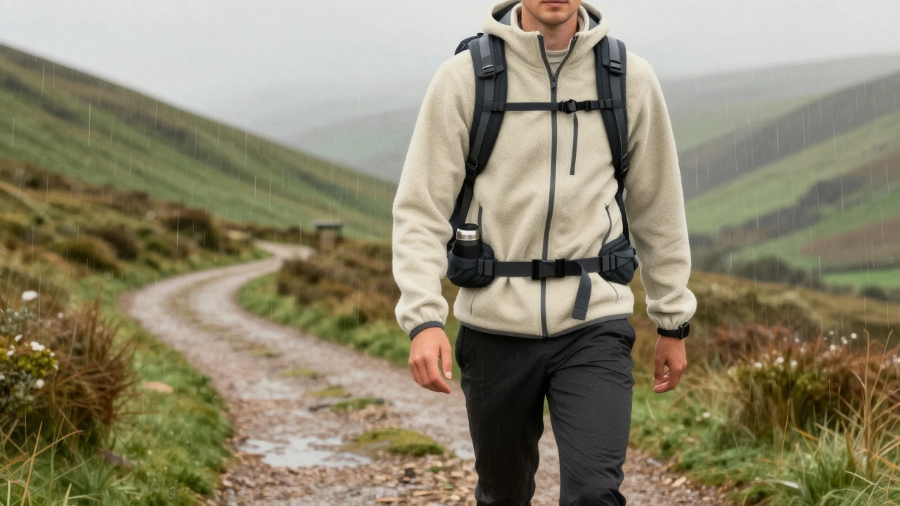 Hiker on the Wicklow Way dressed in layered activewear facing sudden rain in misty Irish hills.