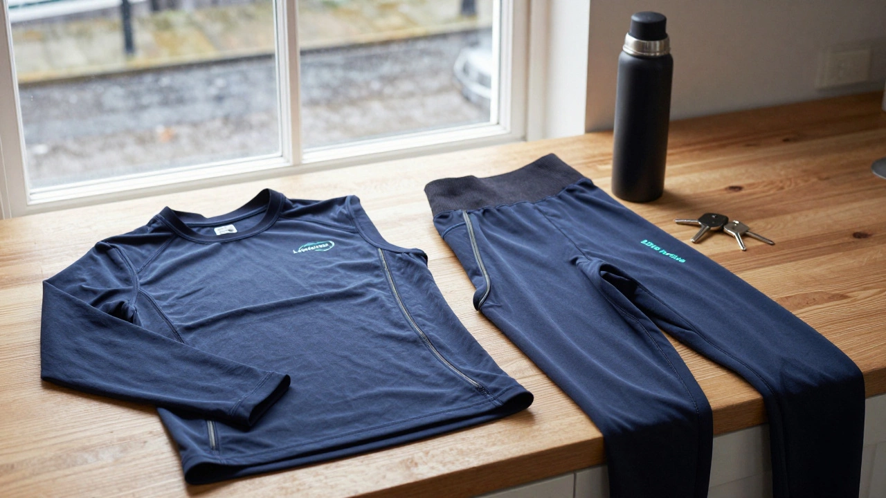 Irish-made activewear pieces laid out on a table with thermos and keys, showing functional design details.