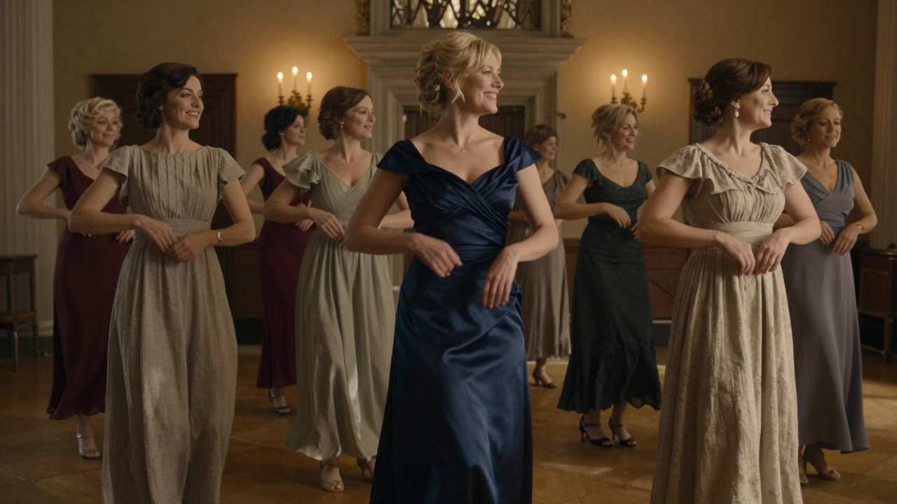 Irish women dance joyfully in elegant evening dresses at a candlelit castle hall, moving freely in tailored gowns with sleeves and flowing skirts.