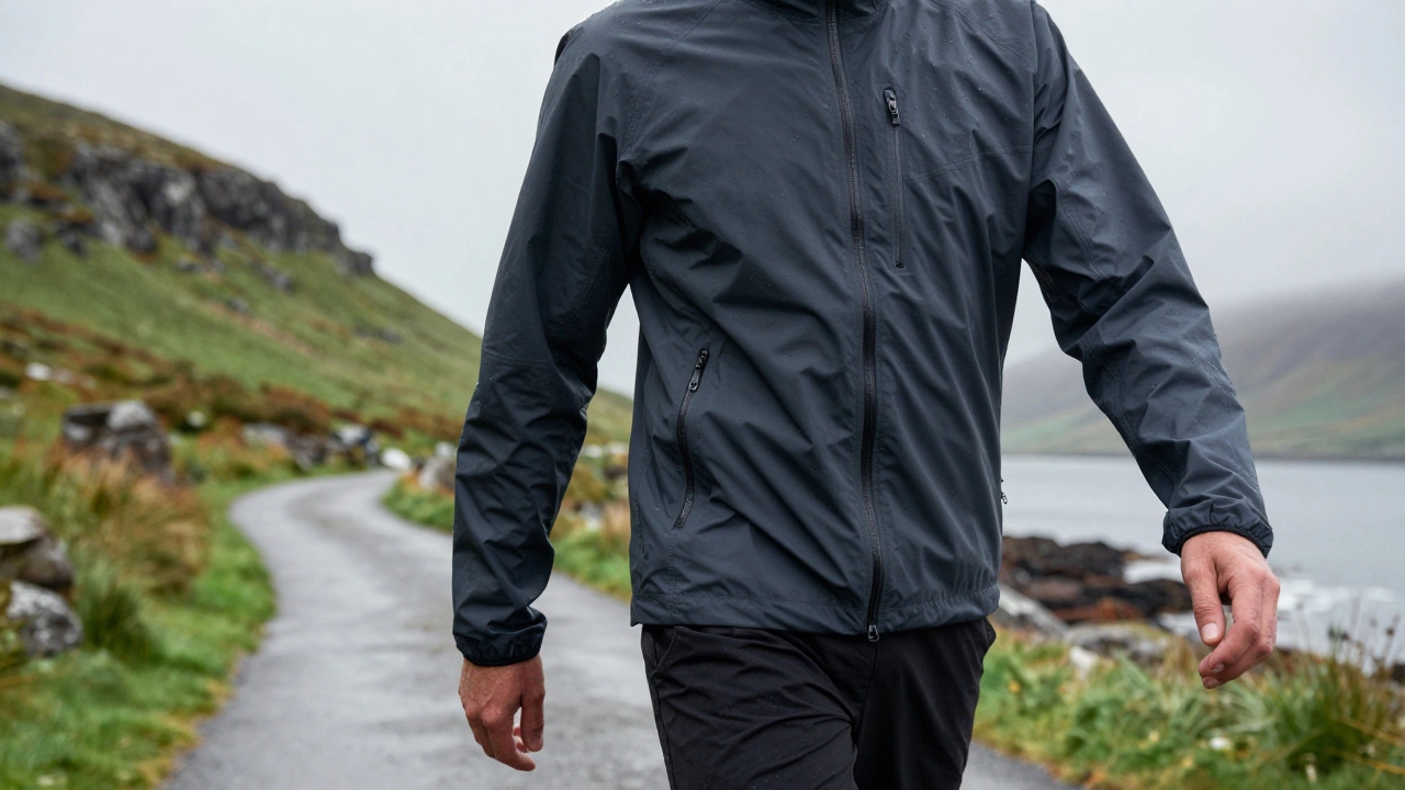 Modern person in waterproof sportswear walking through green Irish countryside.