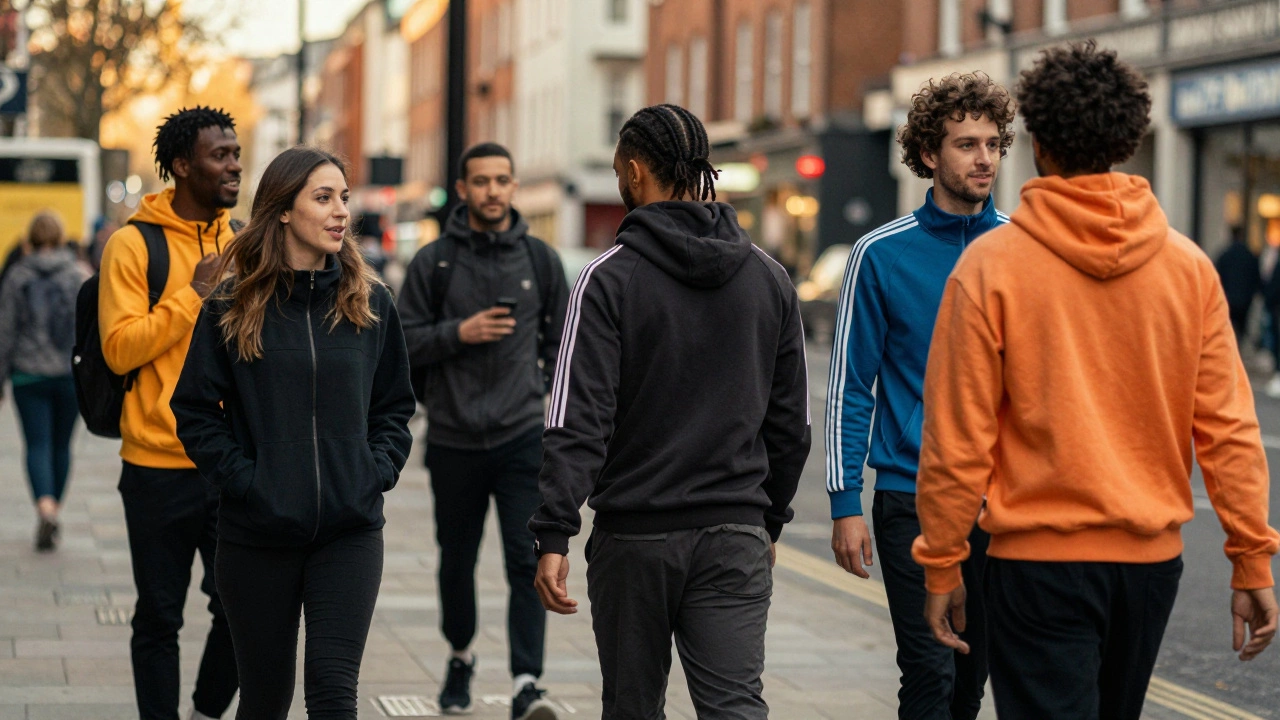 People wearing casual athletic clothing in an urban street setting.