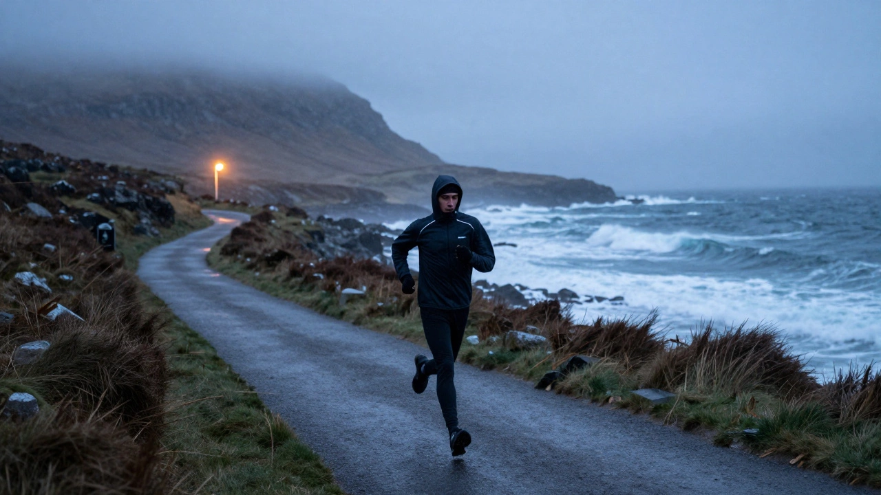 Runner in Irish-made thermal hoodie sprinting along a windswept Connemara coastal trail at dawn.
