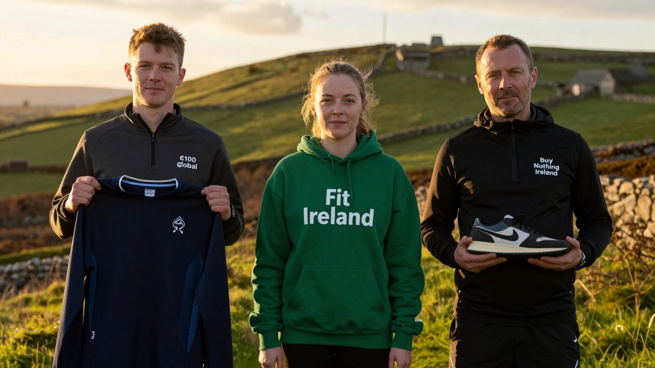 Three Irish runners at sunset holding different activewear, representing premium, local, and secondhand options.