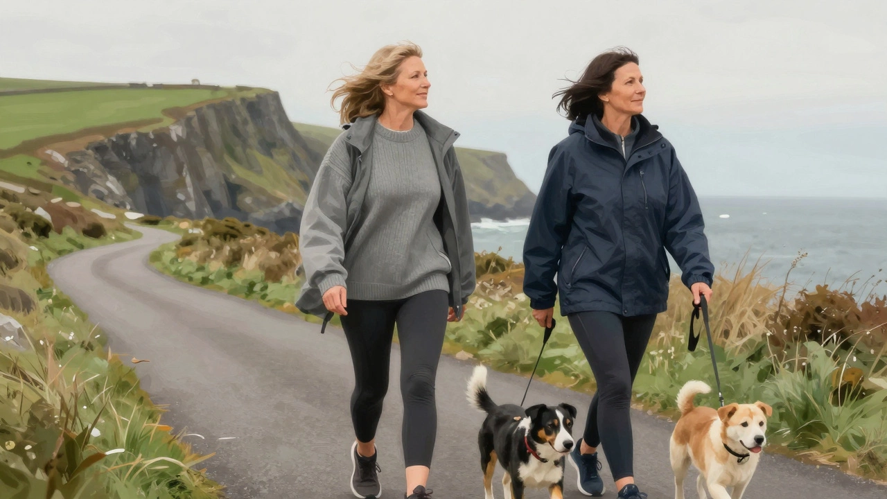 Two older women walking dogs in countryside wearing warm layers.