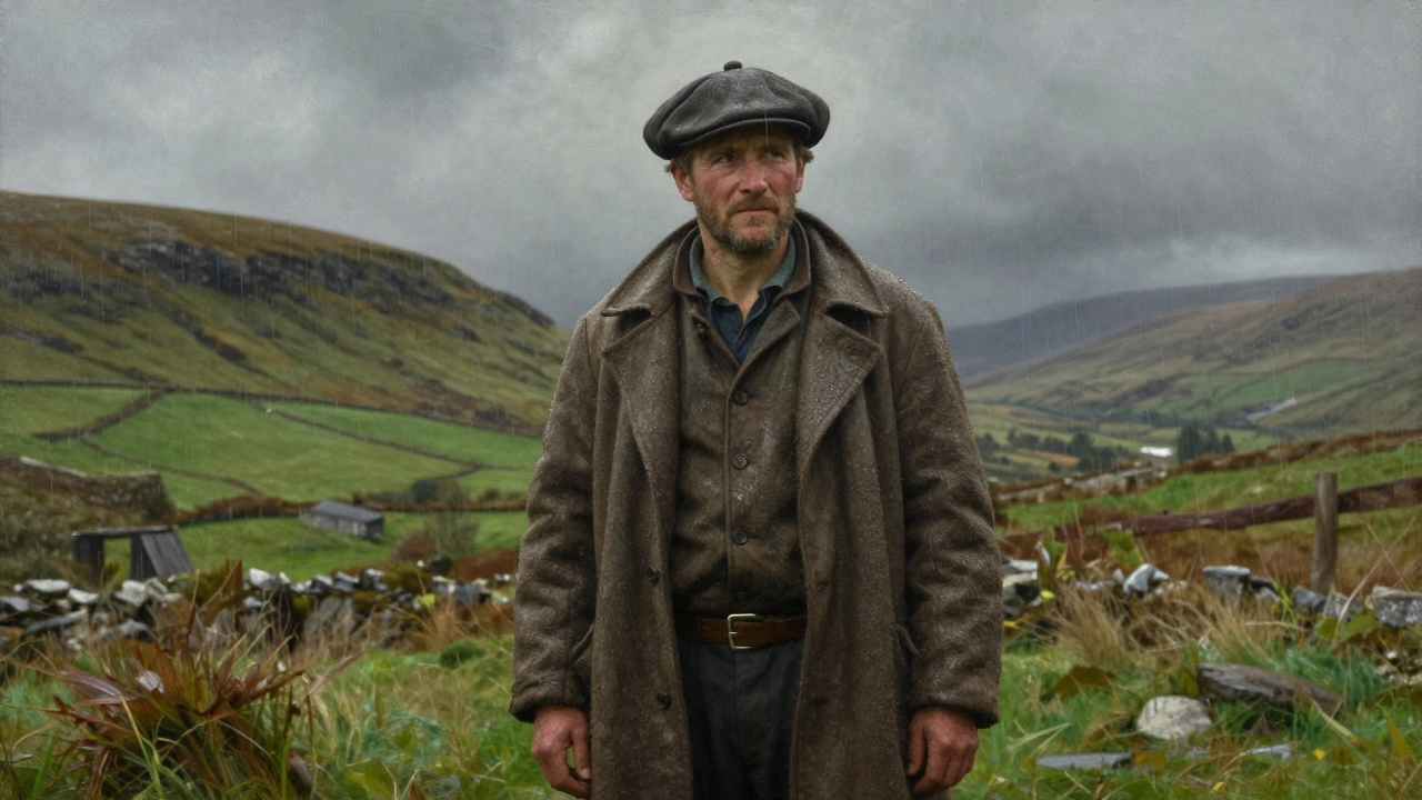 A farmer in a heavy wool coat standing in the rainy Connemara landscape