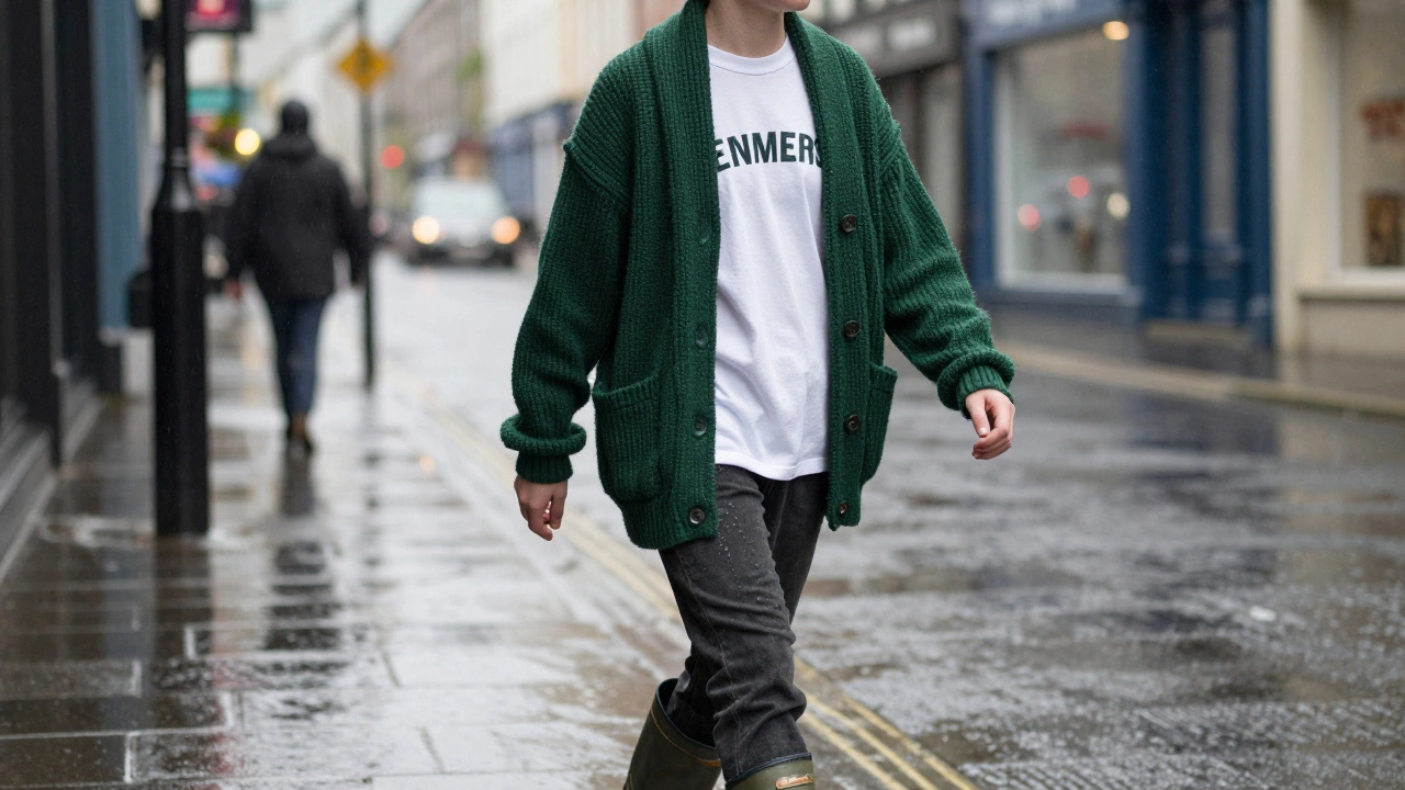 A person in a rainy Irish city wearing a slogan tee under a chunky green wool cardigan