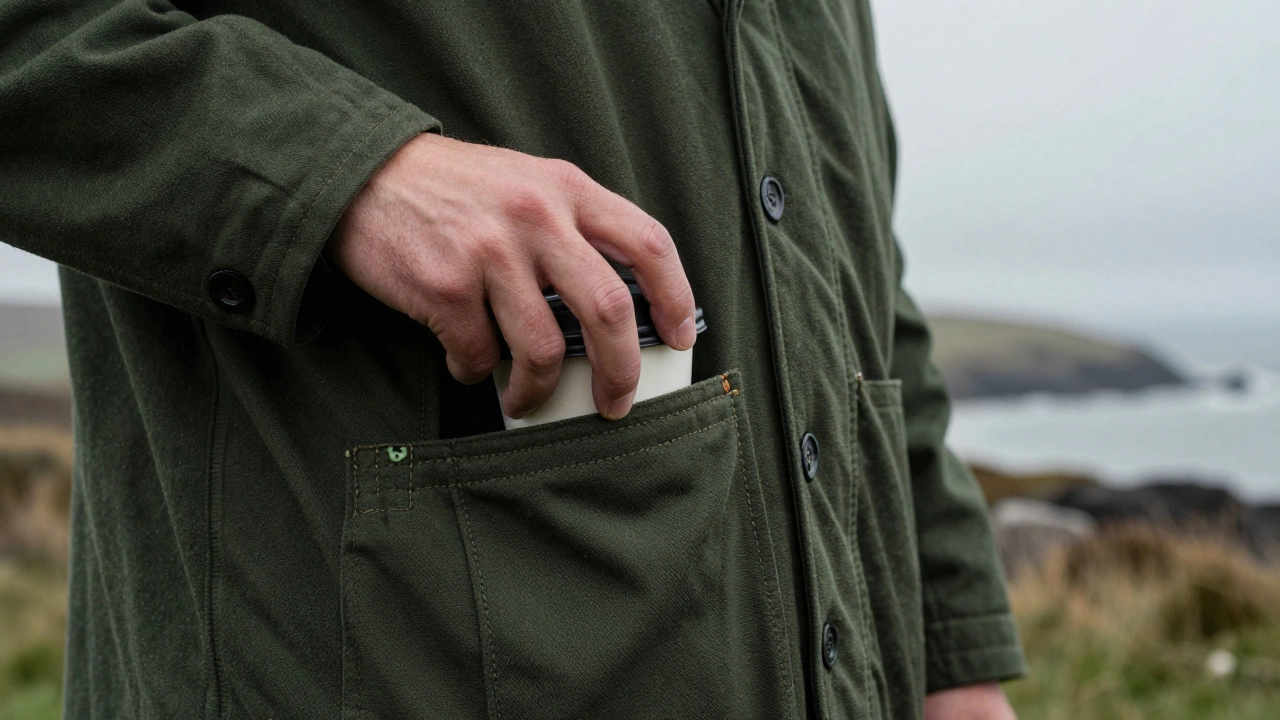 Close-up of a hand placing a coffee cup in the pocket of an olive green chore coat