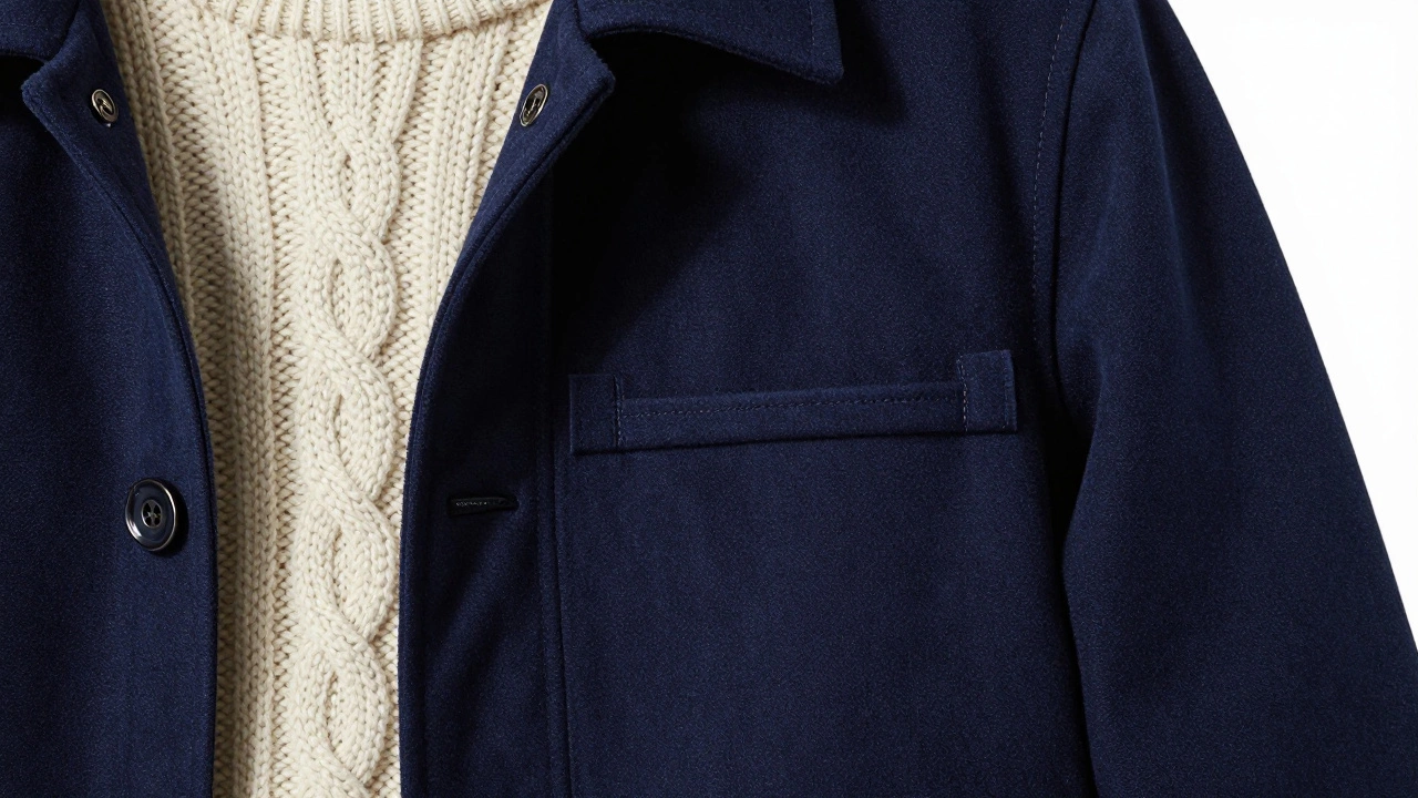 Close-up of a navy moleskin chore coat layered over a cream Aran sweater