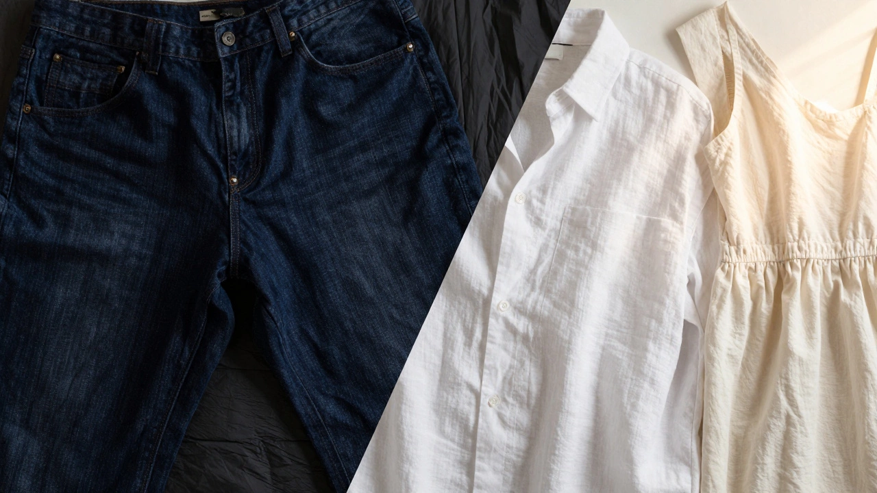 Comparison between heavy winter fabrics and breathable summer linen and cotton textiles.