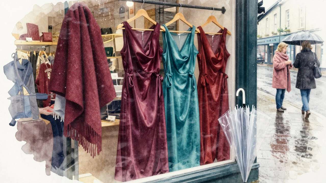 Fabric samples displayed beside rainy window at Irish formalwear boutique