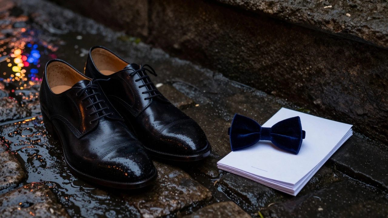 Formal shoes and accessories arranged beside rain puddled cobblestones
