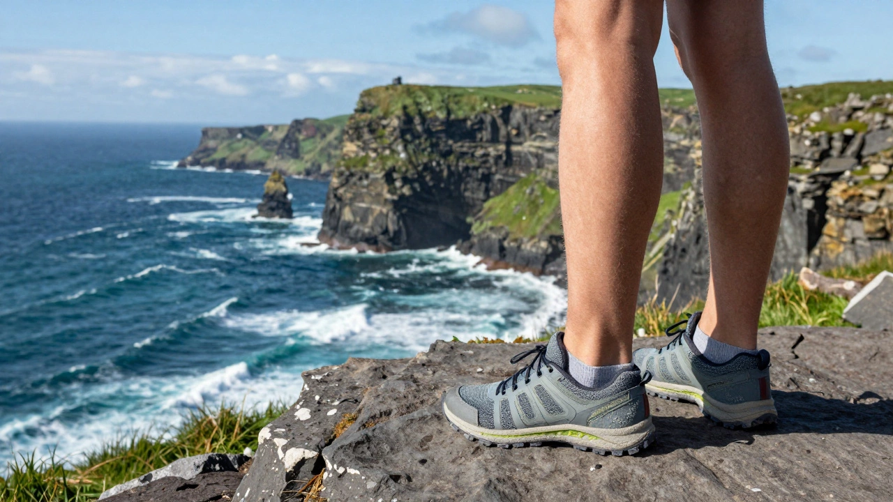 Hiker in sustainable recycled sneakers overlooking the Wild Atlantic Way cliffs.