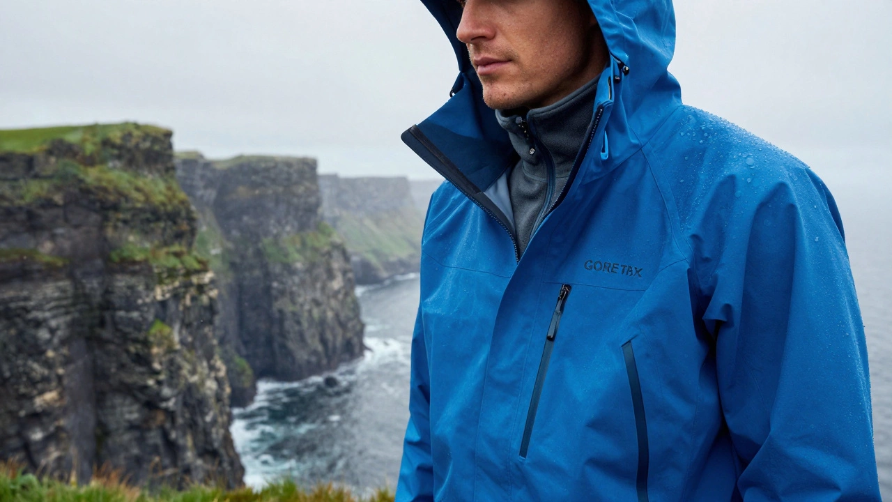Hiker wearing a modern waterproof GORE-TEX jacket on the Cliffs of Moher