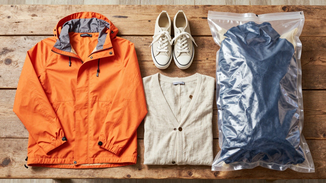 Lightweight windbreaker and canvas sneakers next to a vacuum-sealed winter parka.