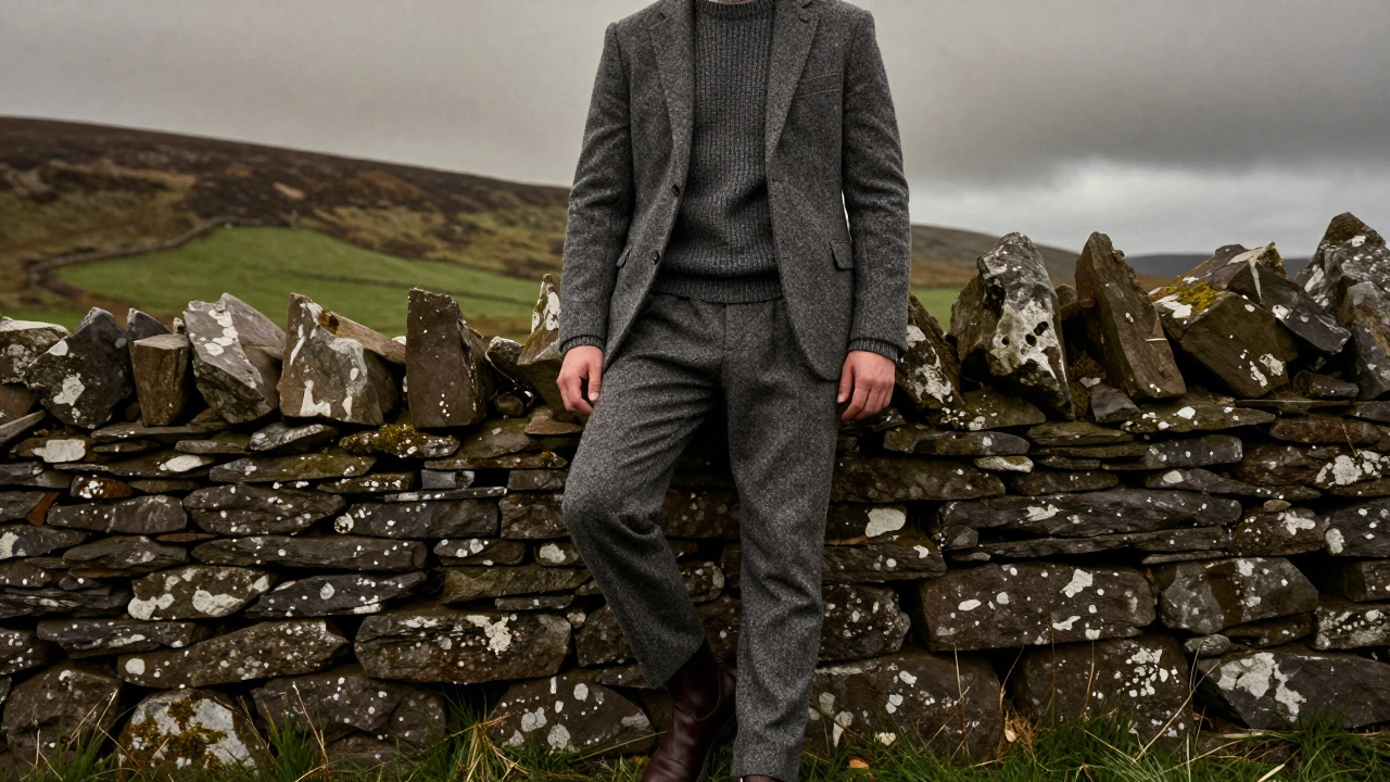Man wearing a traditional grey tweed suit against a rural Irish landscape.