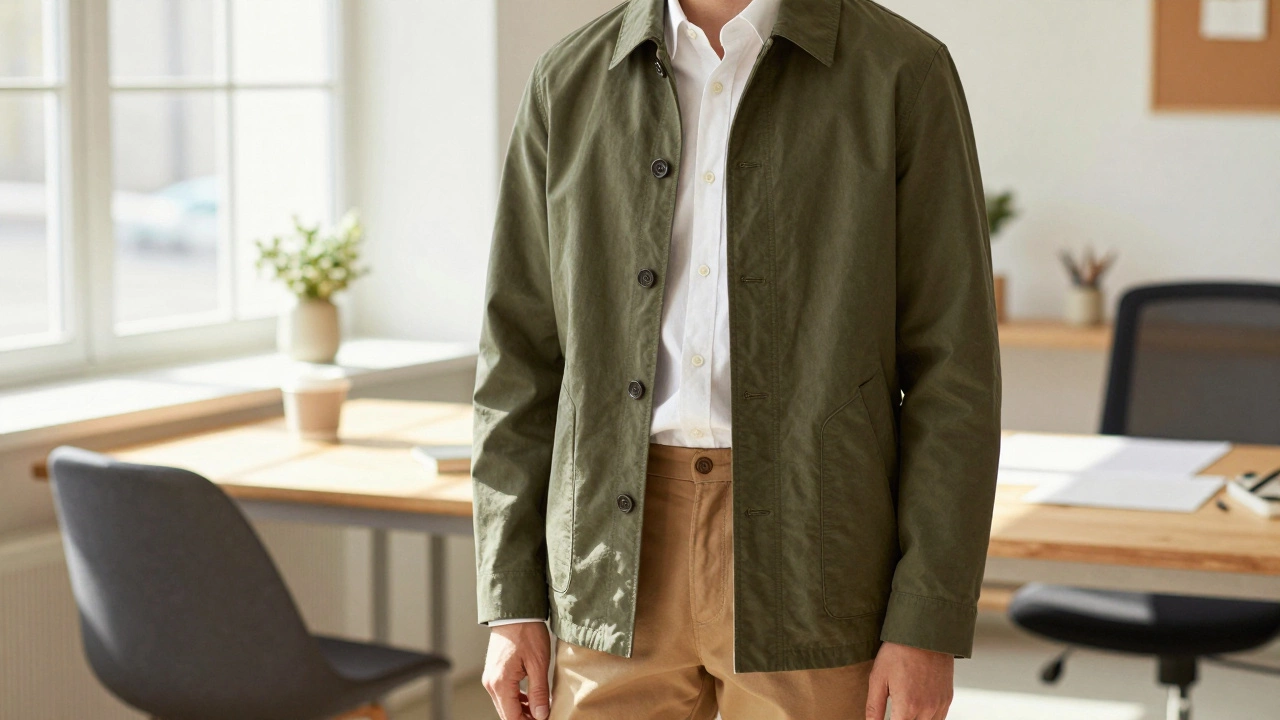Person in an olive green chore coat and white shirt in a bright studio