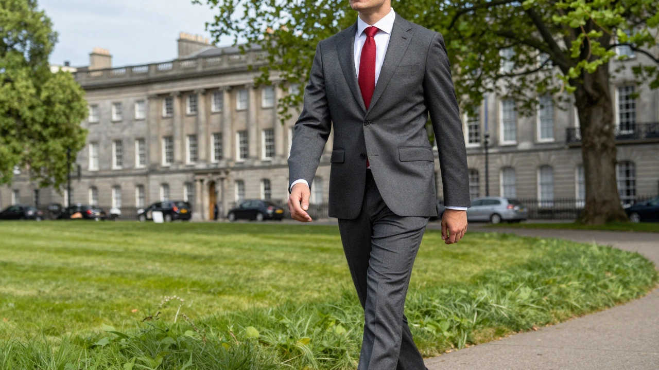 Professional man in a charcoal grey suit with a red tie in Dublin.