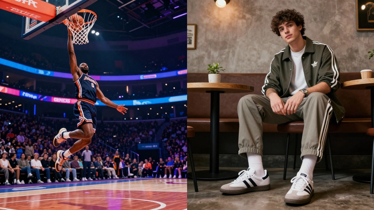 Split screen showing a basketball player and a person in Adidas Samba sneakers in Dublin.