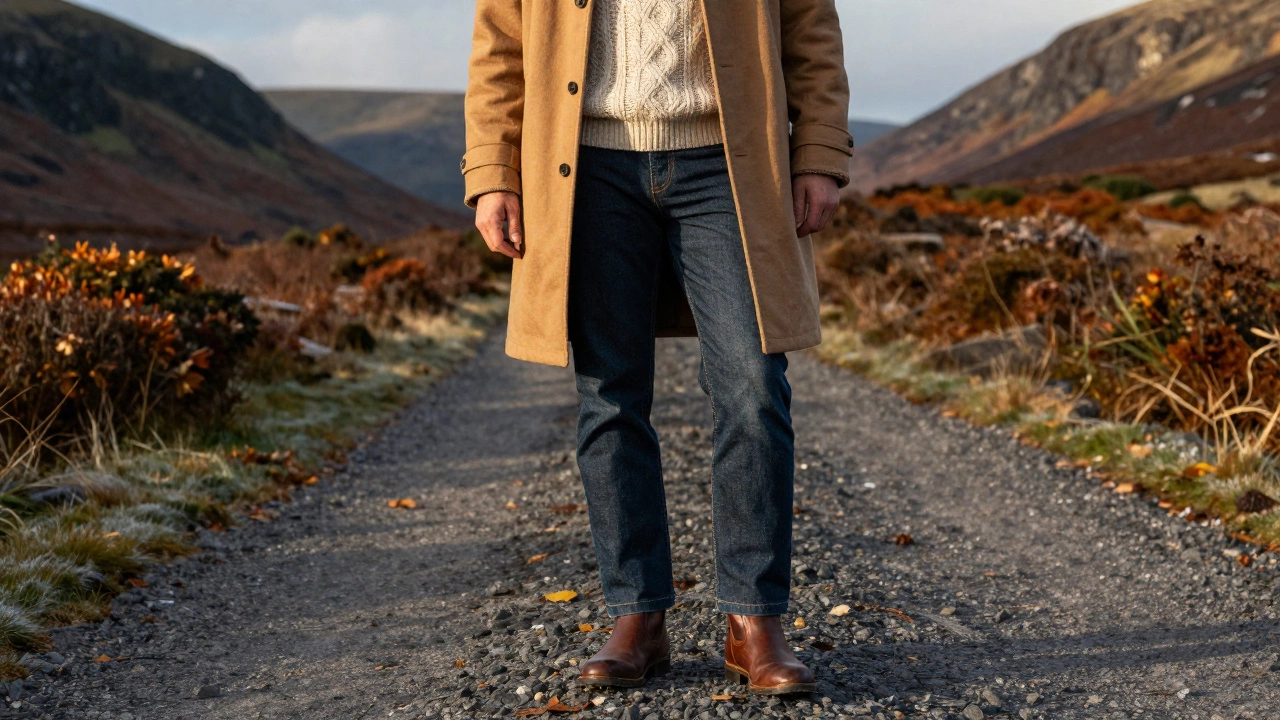 Stylized outfit featuring a tan chore coat over an Aran sweater in the Wicklow Mountains