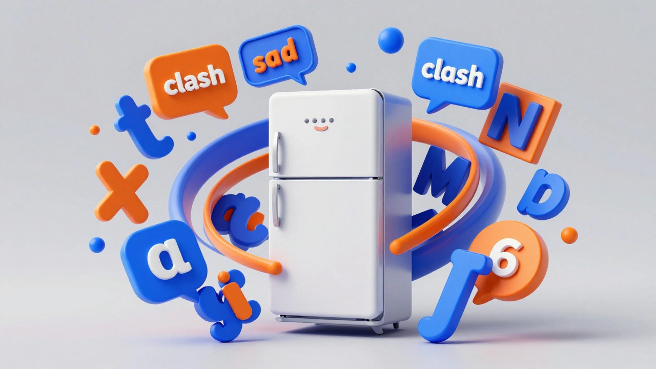 Surreal illustration of a refrigerator surrounded by abstract colorful speech bubbles