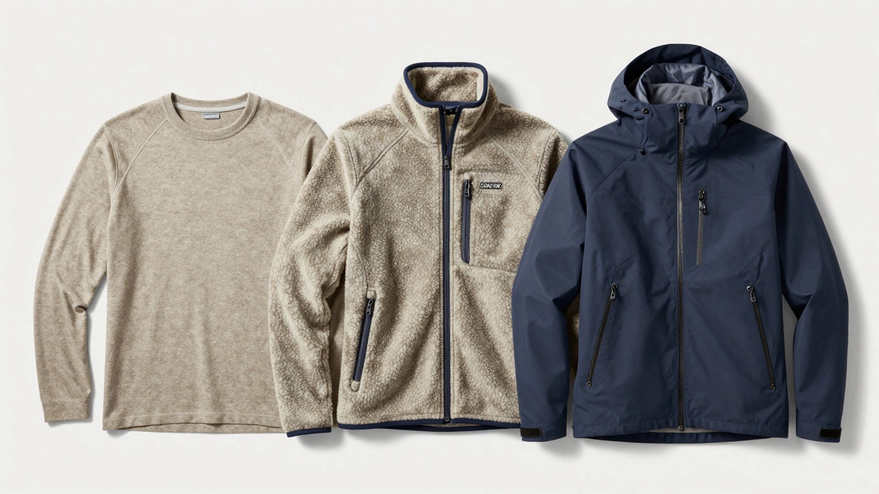 Three-layer sportswear system featuring Merino wool, fleece, and a waterproof shell
