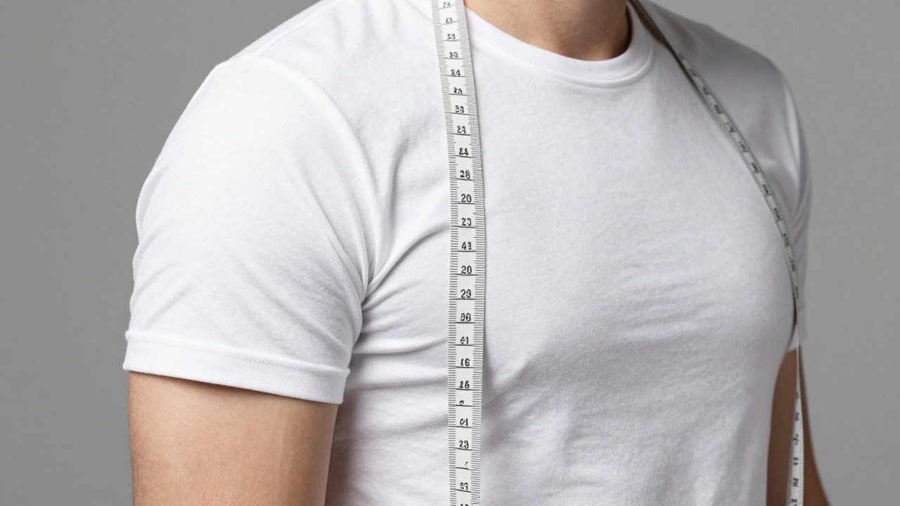 Close-up of a well-fitted t-shirt showing correct shoulder seams