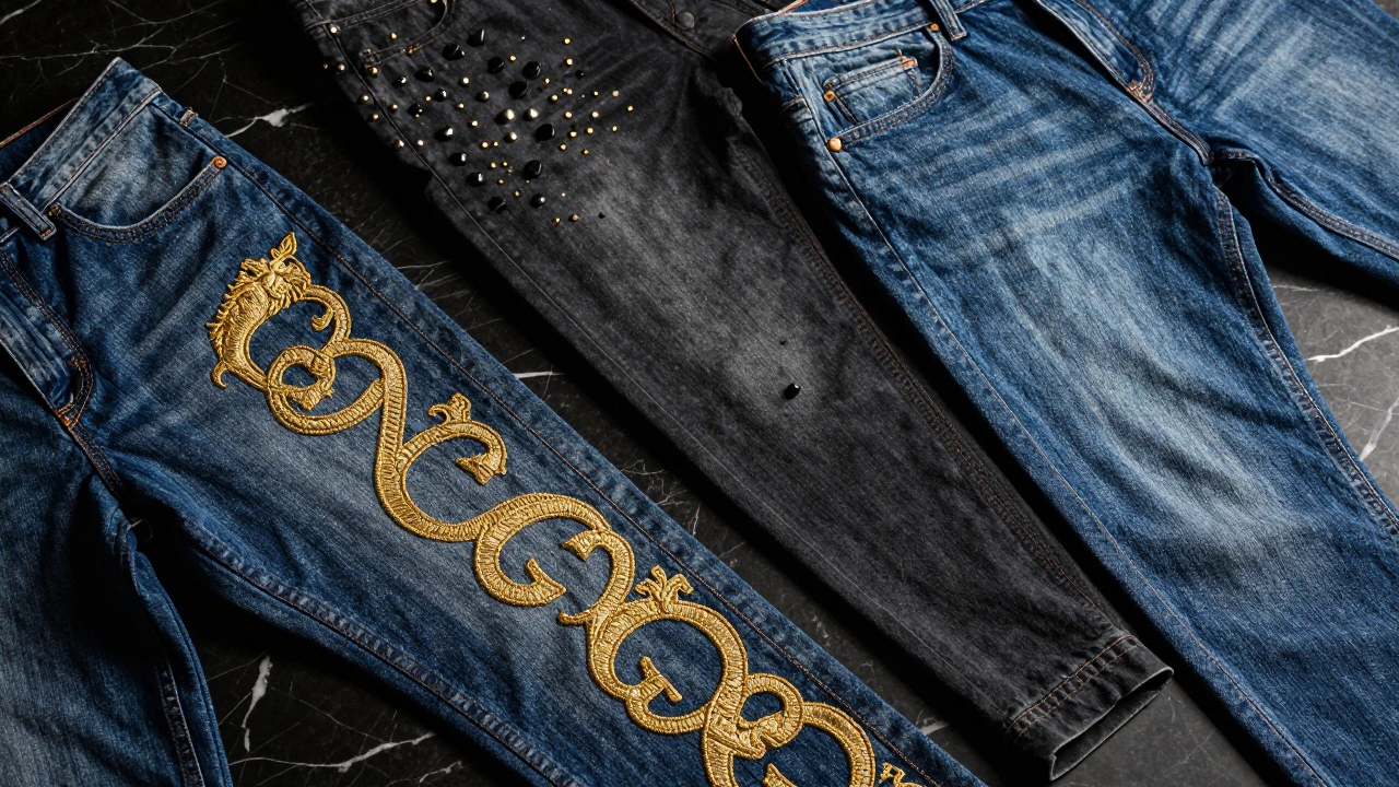 Close-up of embroidered, studded, and raw denim jeans
