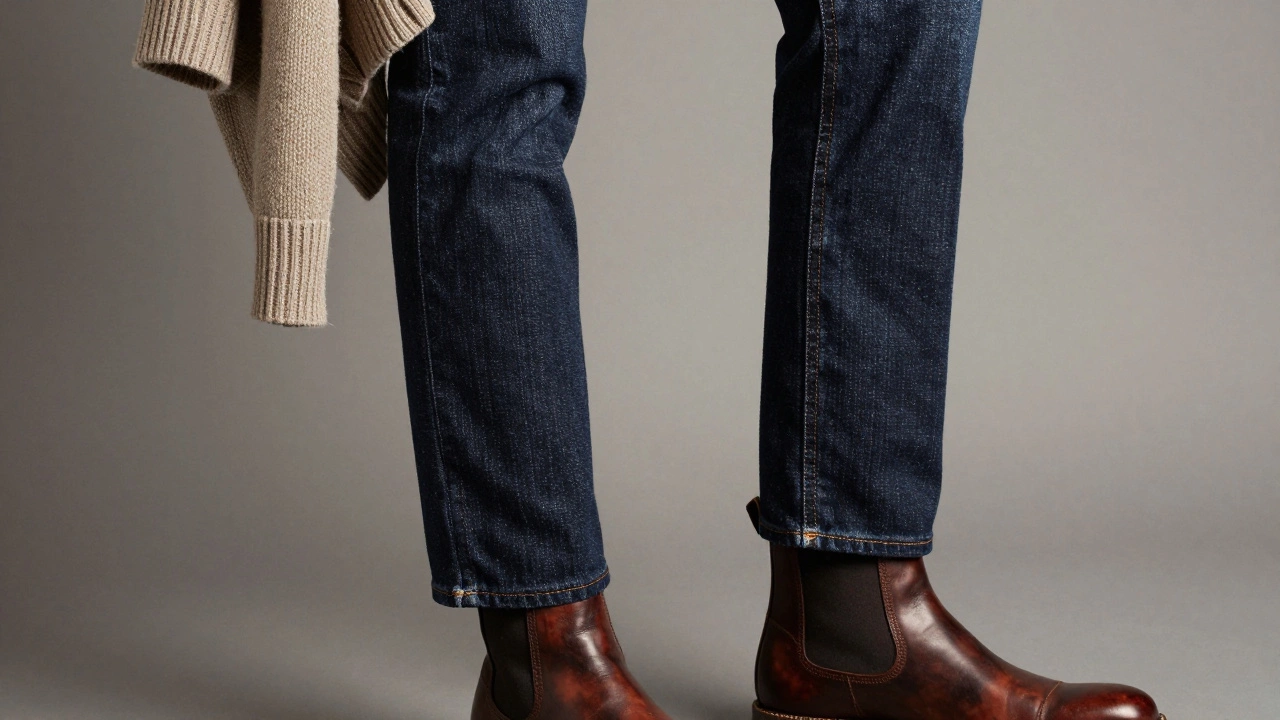 Close-up of high-quality dark denim jeans and leather boots on neutral background