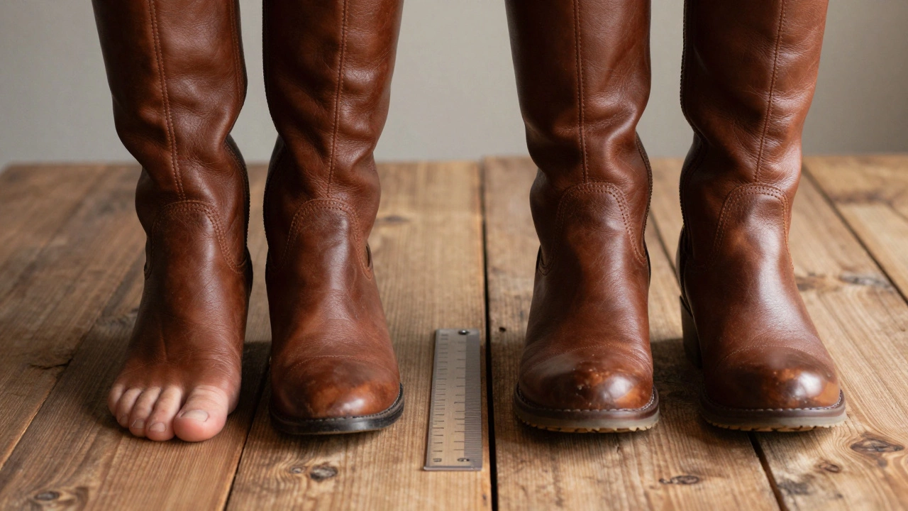 Comparison of tight vs properly fitted leather boots on wood