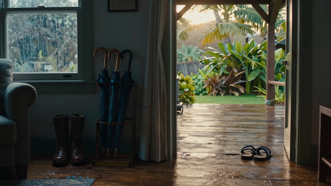 Contrast of Irish boots and Hawaiian sandals