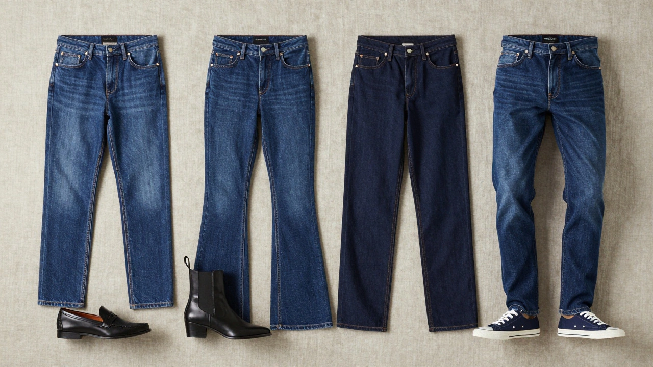 Flat lay of four denim cuts: straight, bootcut, wide-leg, tapered