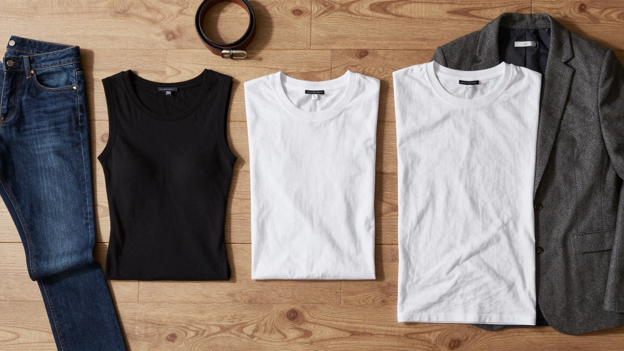 Flat lay of slim, regular, and oversized t-shirts with styling accessories