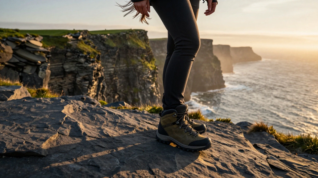 Hiker with secure boots walking on Cliffs of Moher in Ireland