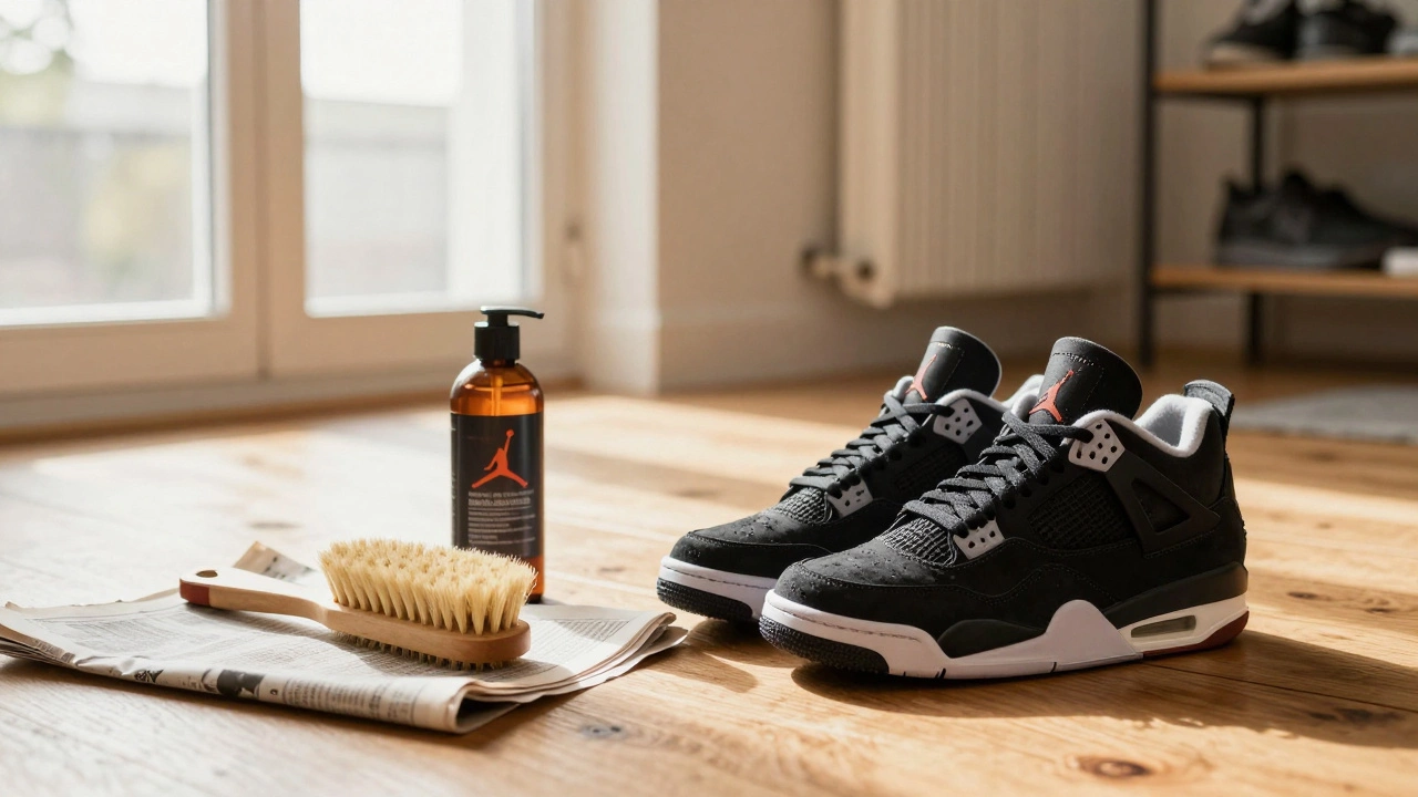 Leather sneakers with cleaning supplies indoors