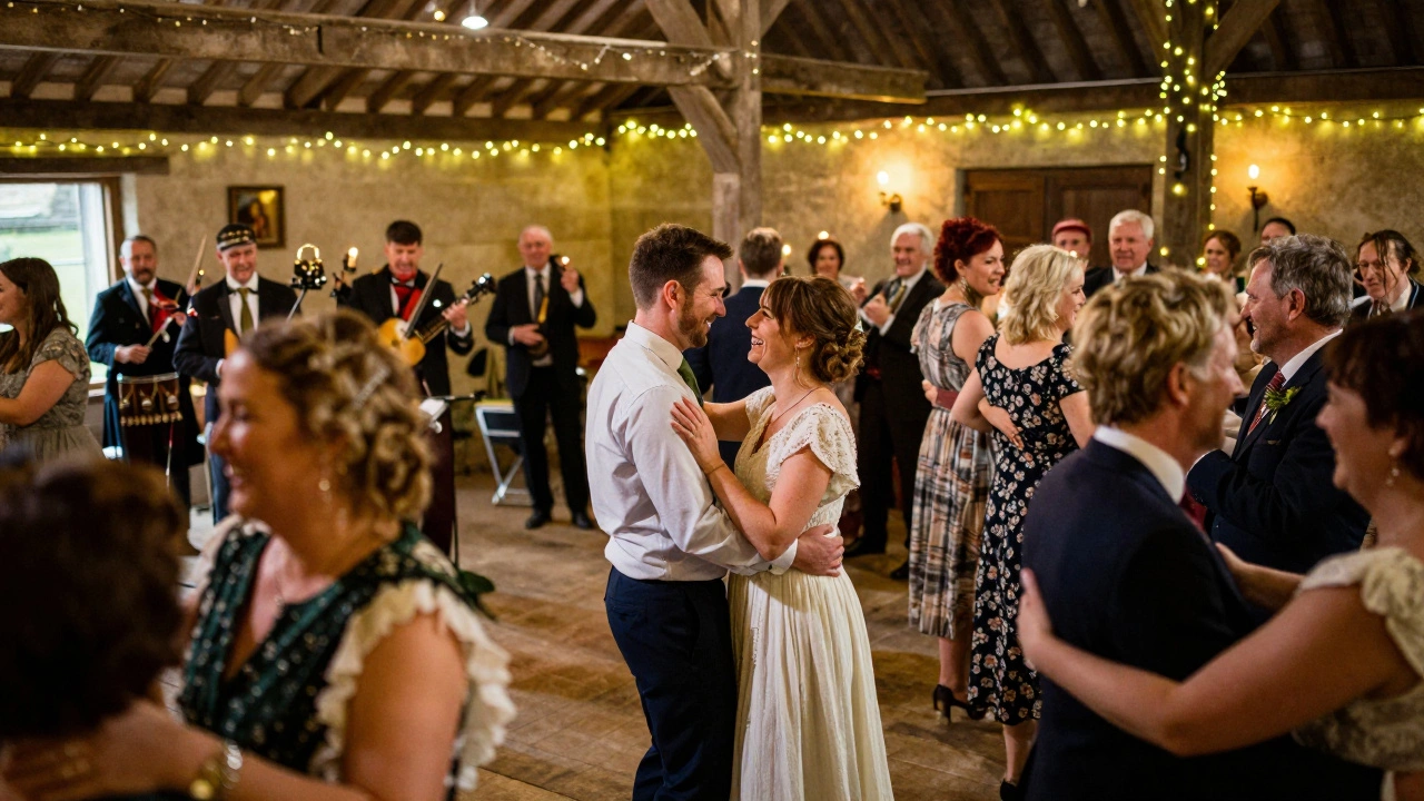 Lively Irish wedding celebration with traditional music and dancing in a rustic barn