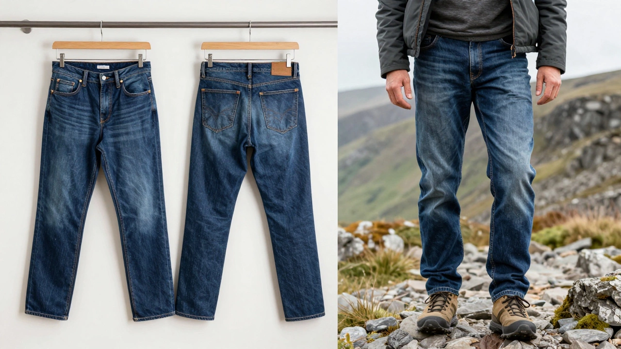 Luxury jeans displayed new and faded after hiking