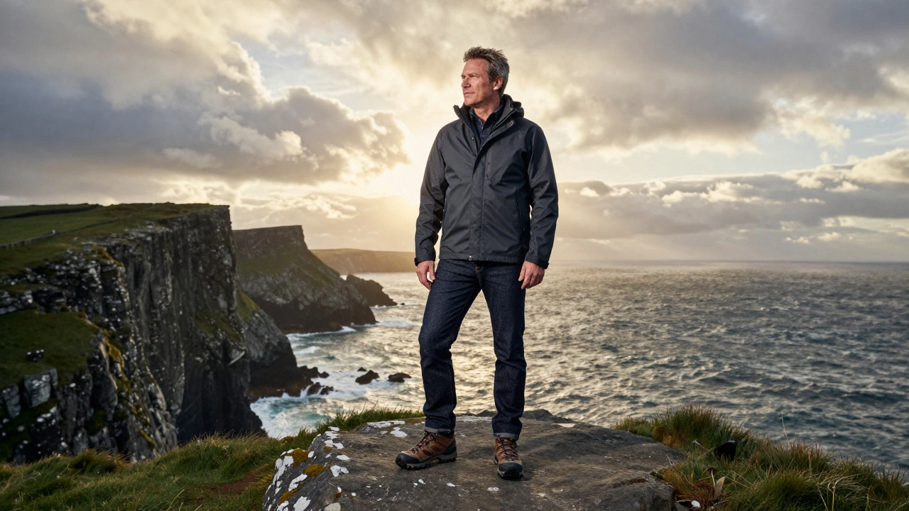 Mature man in dark jeans and jacket standing on windy Irish cliff edge