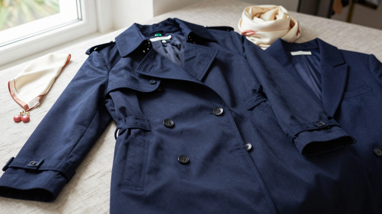 Navy blue trench coat and blazer styled with cream and rose accessories