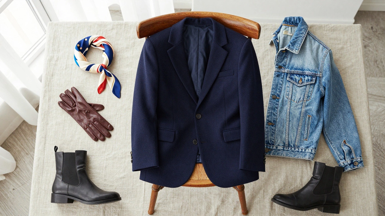 Navy wool blazer and denim jacket on wooden chair