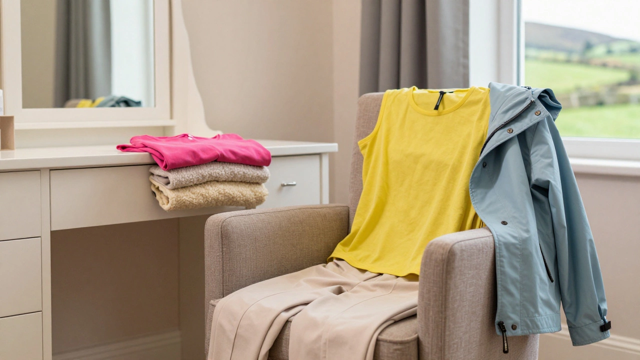 Organized senior outfit with contrast colors on chair in sunlit room
