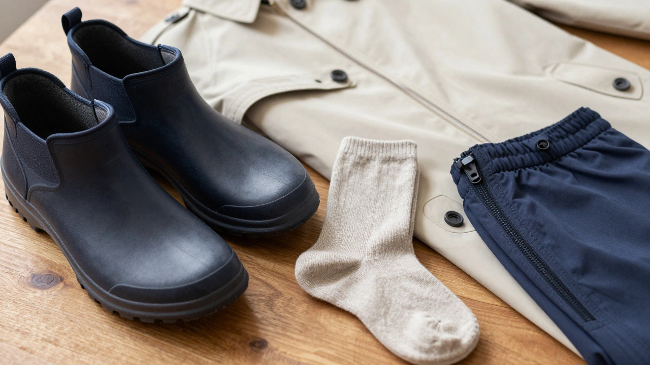 Senior-friendly shoes, adaptive trousers, and waterproof coat on wooden table