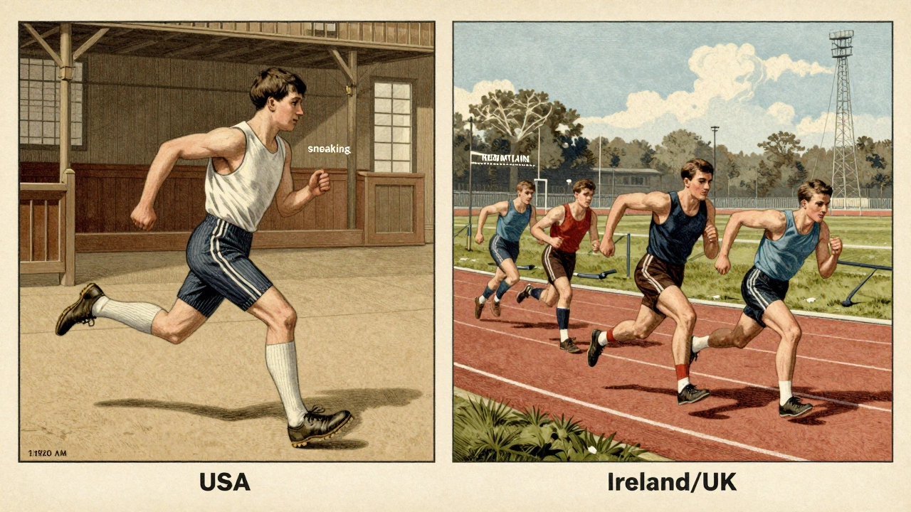 Split illustration comparing US sneaker history with UK/Irish trainer origins