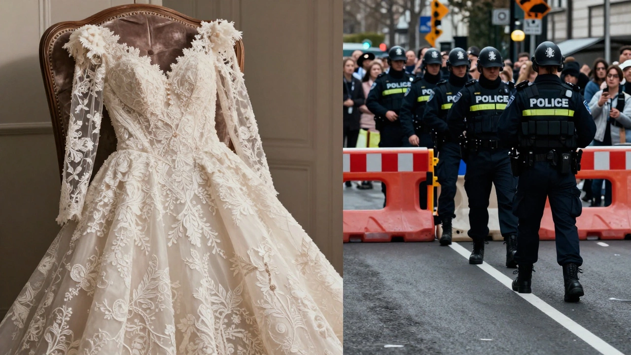 Split image showing a luxury wedding dress on one side and police security barriers on the other