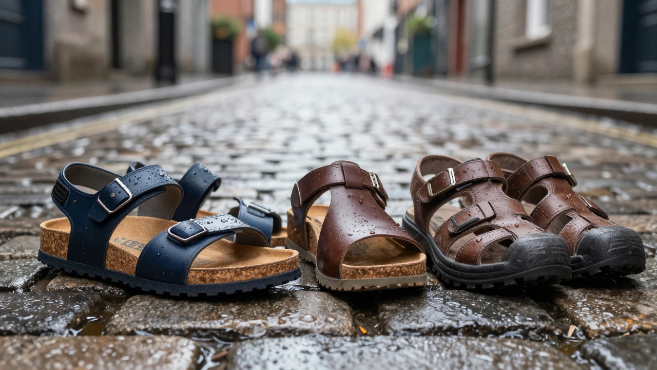Stylish durable sandals on wet Dublin cobblestones