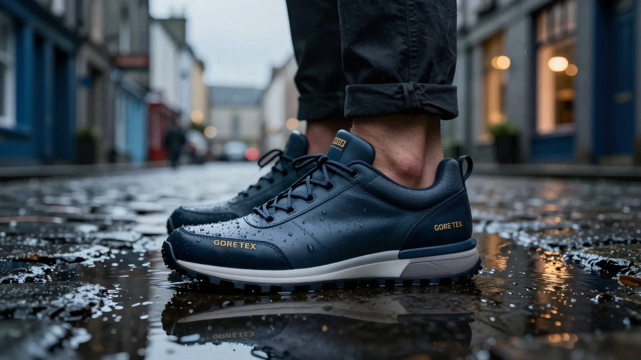 Waterproof trainer standing in a puddle on a rainy Irish cobblestone street