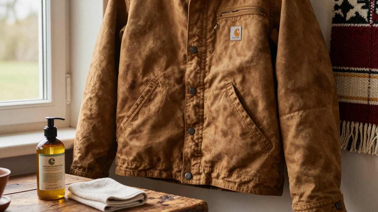 Weathered Carhartt jacket hanging indoors with wax care products nearby