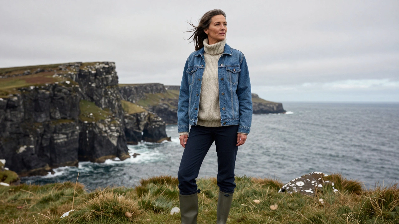 Woman in denim jacket and sweater by Irish coastal cliffs