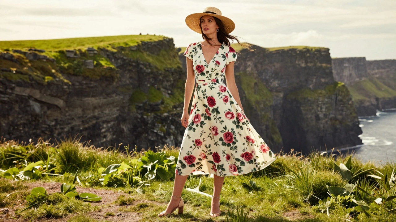 Woman in floral milkmaid dress posing in Irish countryside
